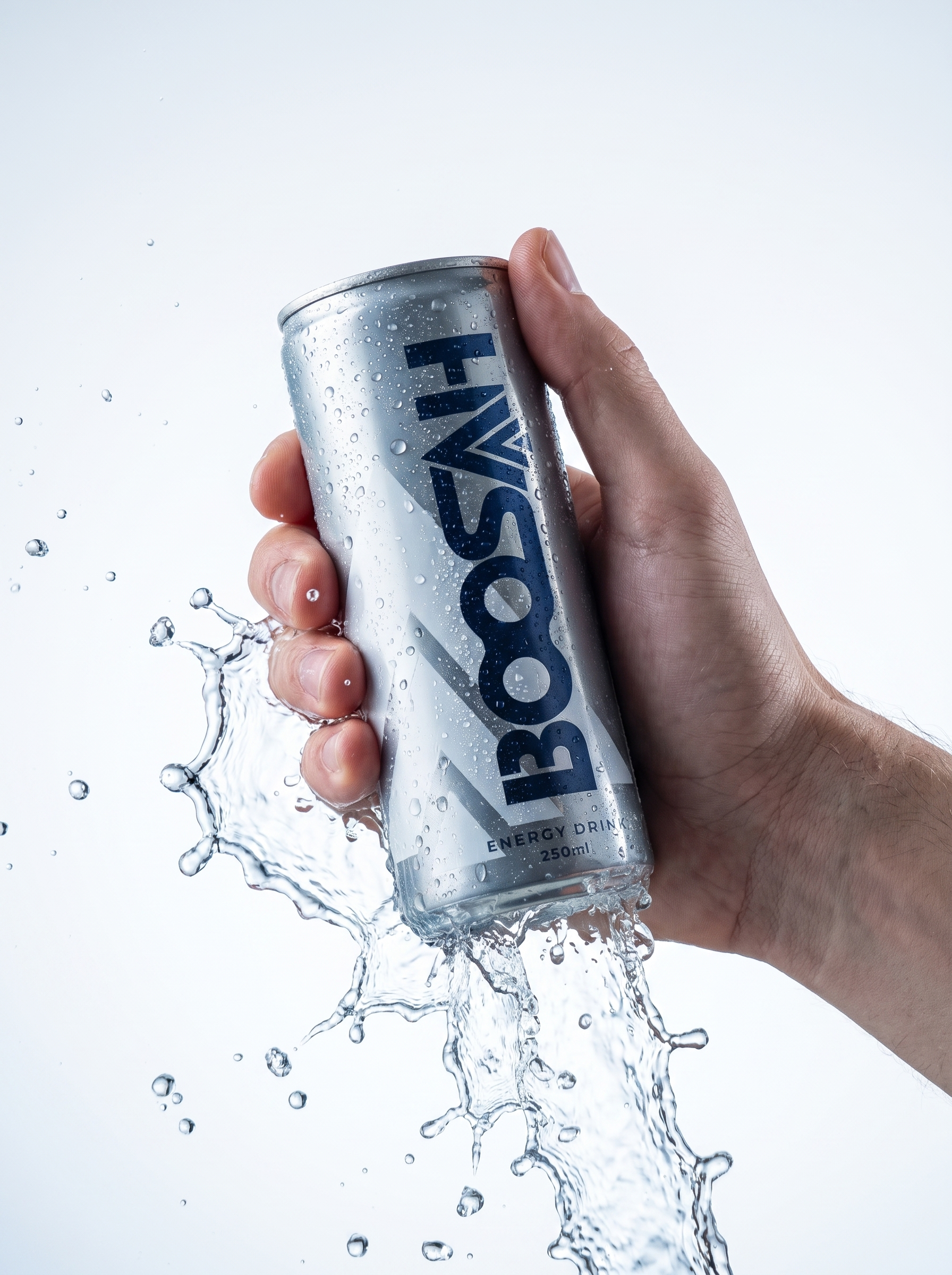 Hand holding a BOOSAH energy drink can with a water splash