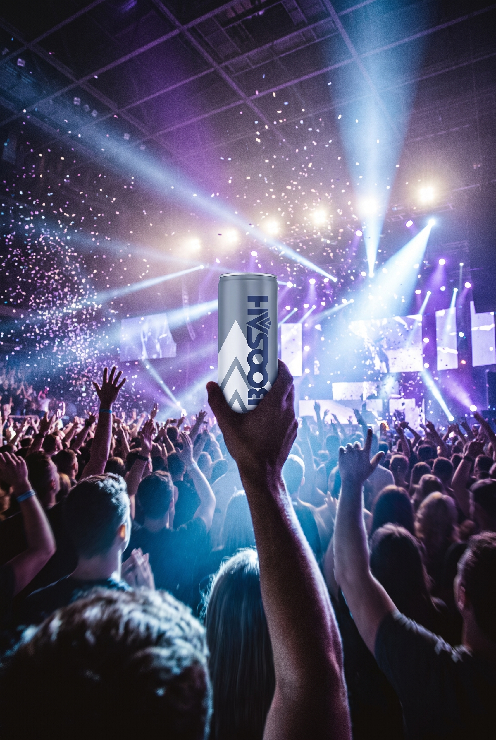 Fan holding up a BOOSAH can at a festival