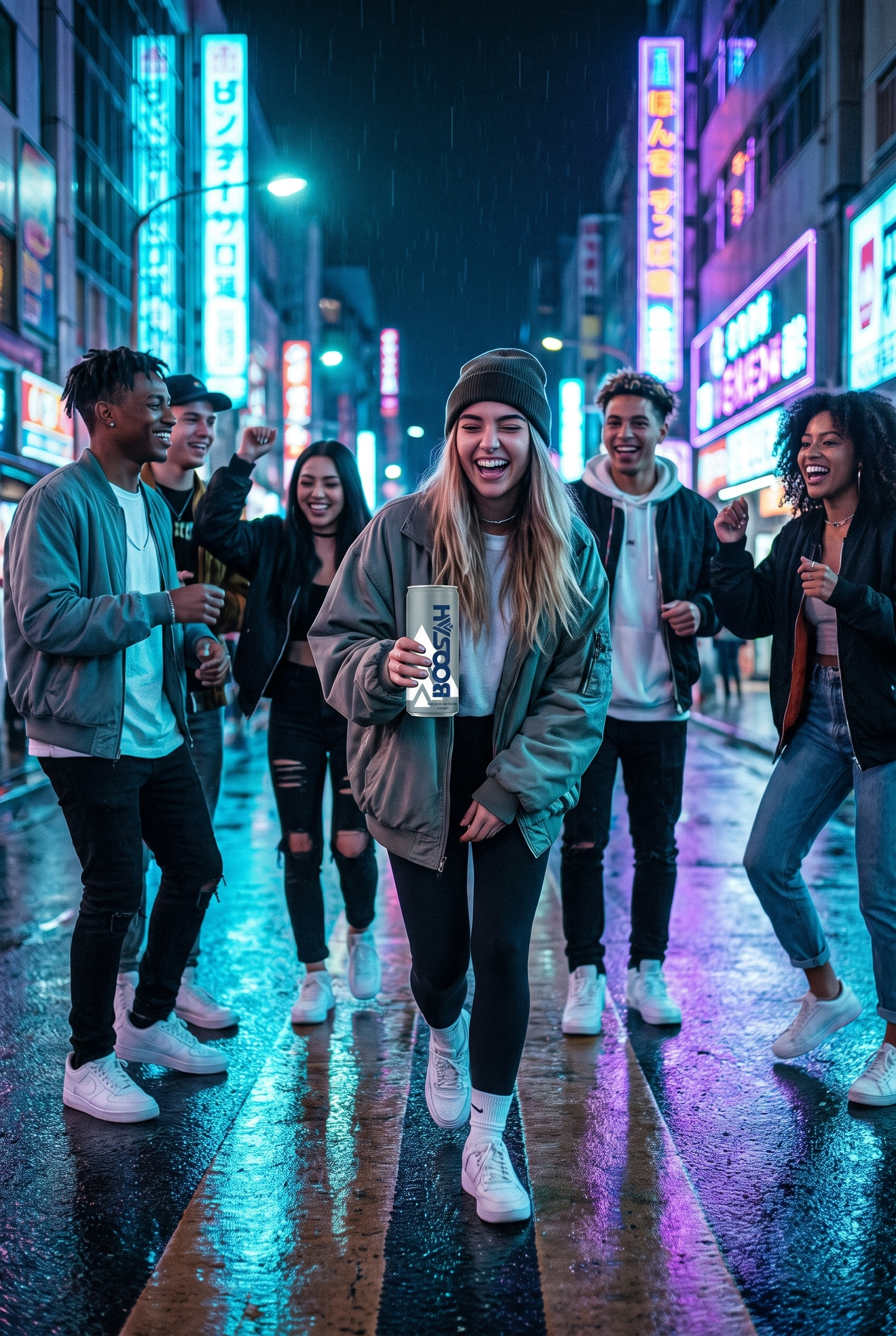 Friends walking a neon-lit city street at night