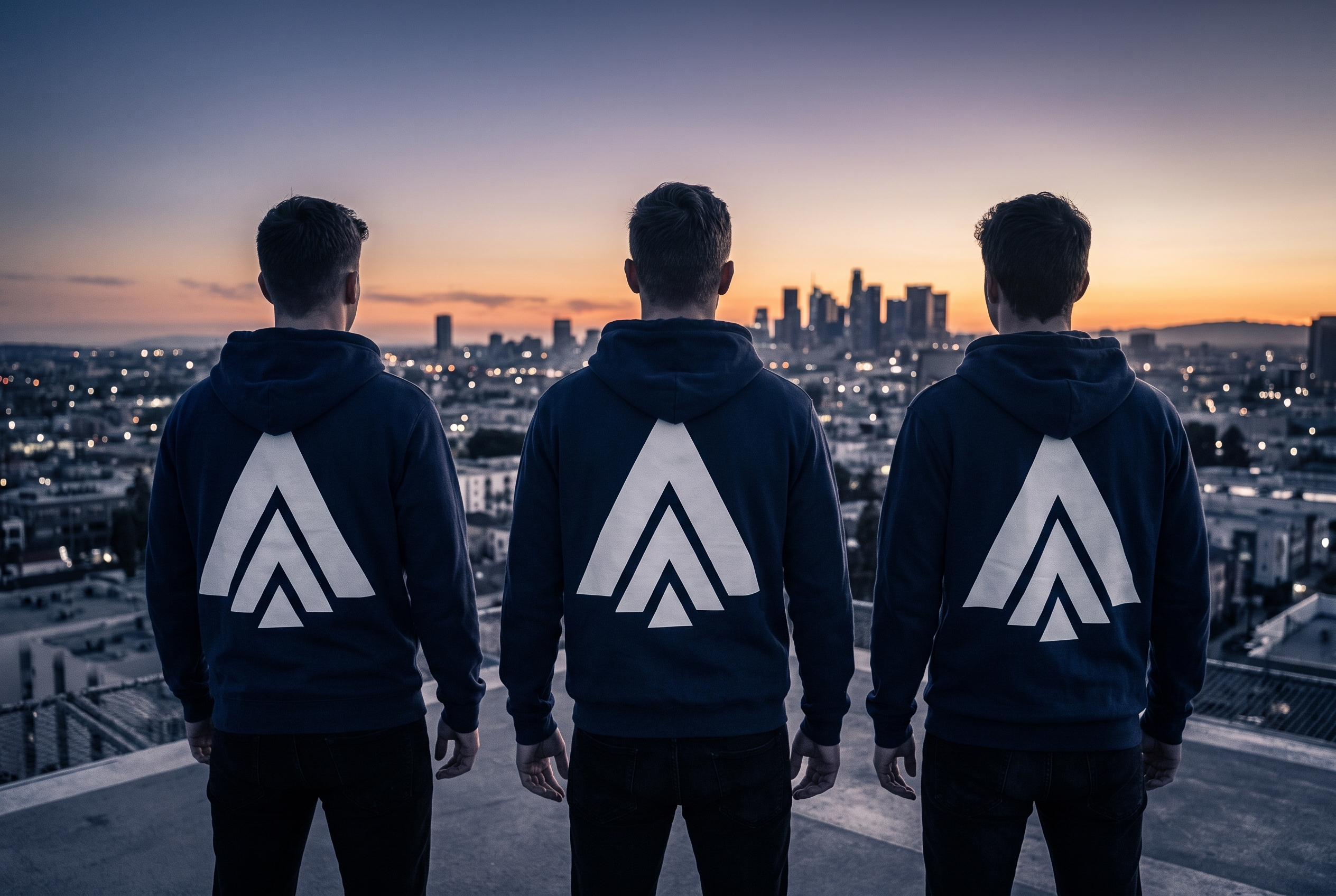 Three people from behind wearing navy BOOSAH hoodies on a rooftop at dusk